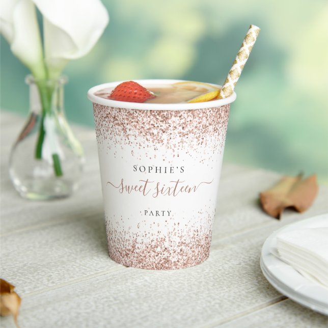 Rose Gold Glitter Name Sweet Sixteen Party Paper Cups (Insitu)