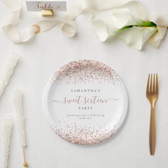 Rose Gold Glitter Name Sweet Sixteen Party Paper Plate (Wedding)