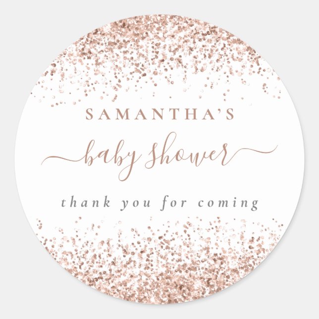 Rose Gold Glitter Name Thank You Baby Shower Classic Round Sticker (Front)