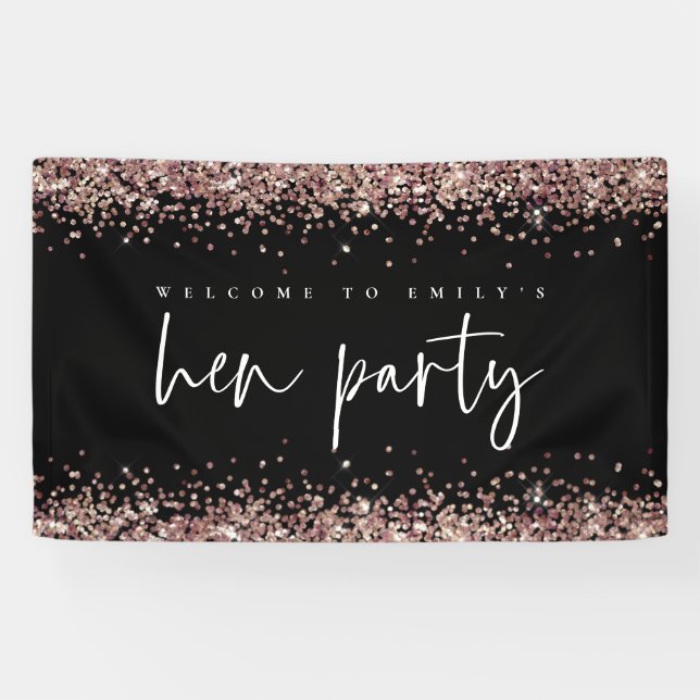 Rose Gold Glitter Name Welcome to Hen Party Black Banner (Horizontal)