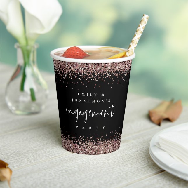 Rose Gold Glitter Names Engagement Party Black Paper Cups (Insitu)