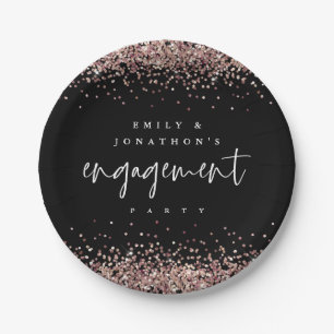 Rose Gold Glitter Names Engagement Party Black Paper Plate