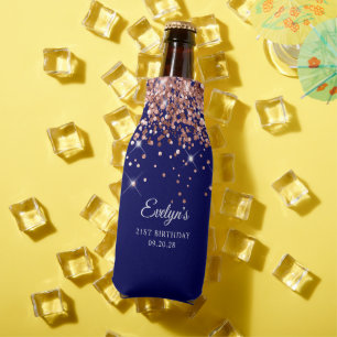 Rose Gold Glitter Navy Blue 21st Birthday Bottle Cooler