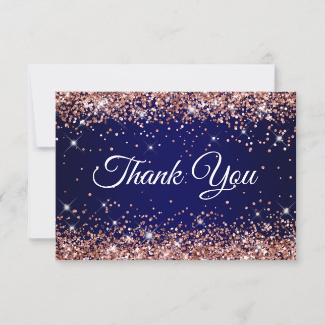 Rose Gold Glitter Navy Blue 40th Birthday Thank You Card (Front)