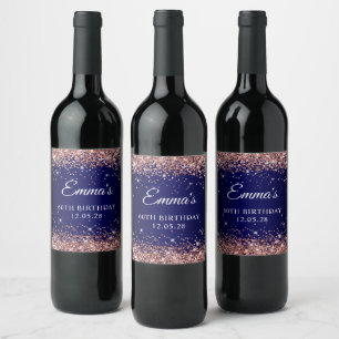 Rose Gold Glitter Navy Blue 60th Birthday Wine Label