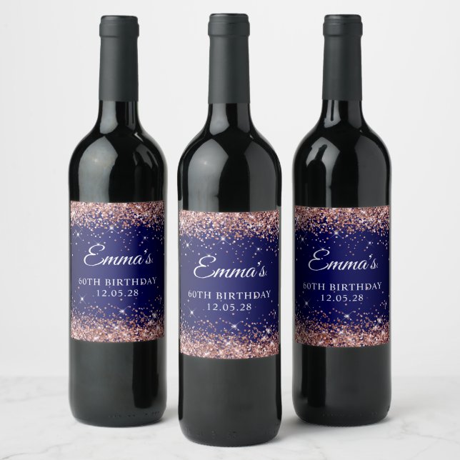 Rose Gold Glitter Navy Blue 60th Birthday Wine Label (Bottles)