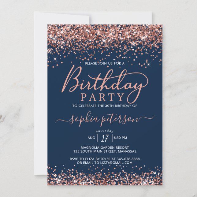 Rose Gold Glitter Navy Blue Any Age Birthday Invitation (Front)