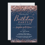 Rose Gold Glitter Navy Blue Any Age Birthday Invitation<br><div class="desc">Modern Stylish Blush Pink Rose Gold Sparkle Glitter Navy Blue Birthday Invitation. This elegant any age feminine girly adult birthday invitation template featuring a trendy hand lettered swash tail font calligraphy with blush pink rose gold glitter borders on dusty Navy Blue background. Perfect for any age (16th, 18th, 21st, 30th,...</div>