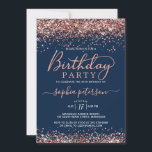 Rose Gold Glitter Navy Blue Any Age Birthday Invitation<br><div class="desc">Modern Stylish Blush Pink Rose Gold Sparkle Glitter Navy Blue Birthday Invitation. This elegant any age feminine girly adult birthday invitation template featuring a trendy hand lettered swash tail font calligraphy with blush pink rose gold glitter borders on dusty Navy Blue background. Perfect for any age (16th, 18th, 21st, 30th,...</div>