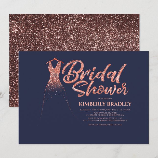 Rose Gold Glitter Navy Blue Bridal Shower Invitation (Front/Back)