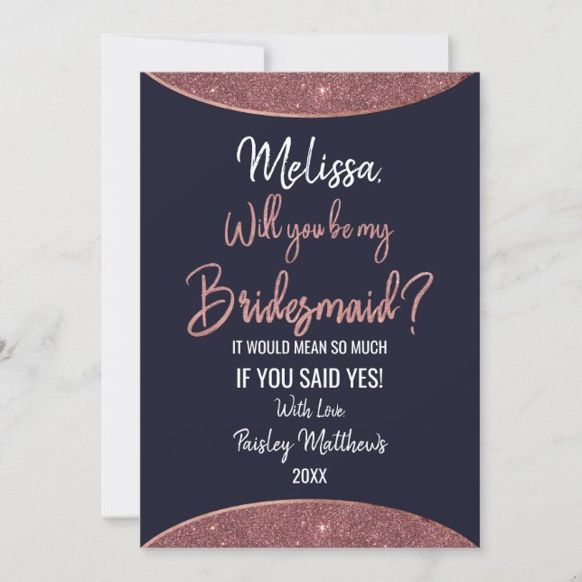 Rose Gold Glitter Navy Blue Circular Bridesmaid Invitation (Front)