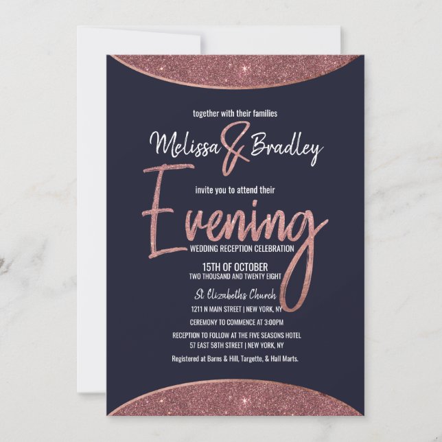 Rose Gold Glitter Navy Blue Circular Evening Invitation (Front)
