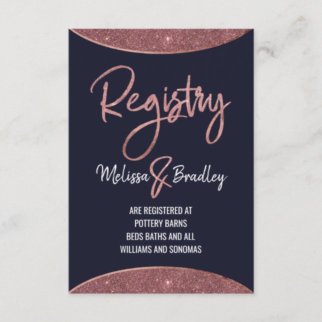 Rose Gold Glitter Navy Blue Circular Gift Registry Enclosure Card (Front)