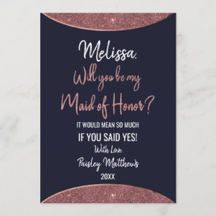 Rose Gold Glitter Navy Blue Circular Maid of Honou Invitation
