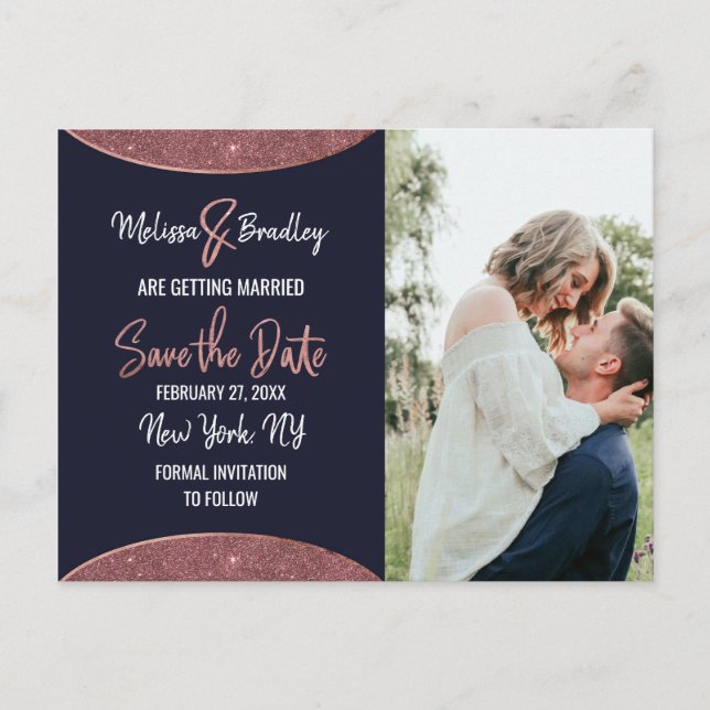 Rose Gold Glitter Navy Blue Circular Save the Date Announcement Postcard (Front)