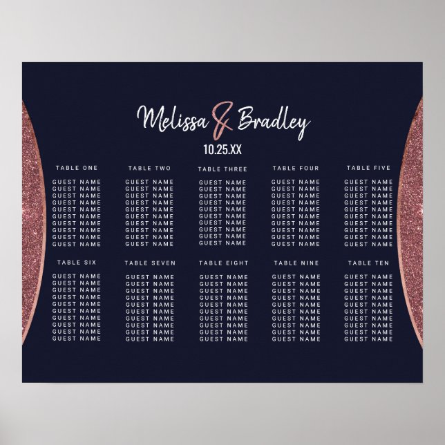 Rose Gold Glitter Navy Blue Circular Seating Chart (Front)