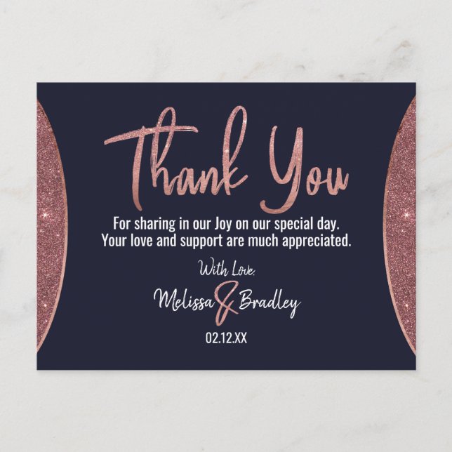 Rose Gold Glitter Navy Blue Circular Thank You Postcard (Front)