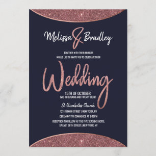 Rose Gold Glitter Navy Blue Circular Wedding Invitation