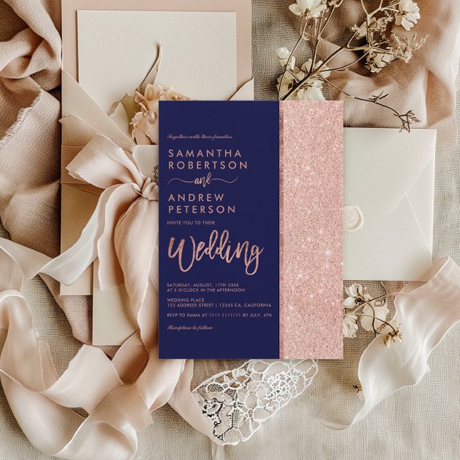 Rose gold glitter navy blue colour block wedding invitation (Rose gold glitter navy blue color block wedding invitation)
