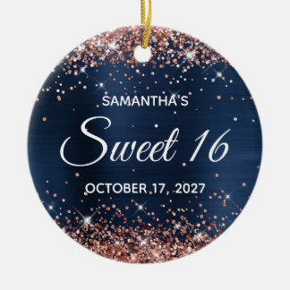 Rose Gold Glitter Navy Blue Foil Sweet 16 Birthday Ceramic Tree Decoration