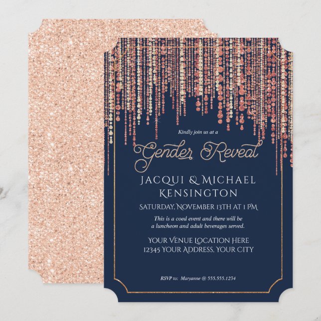 Rose Gold Glitter Navy Blue Fringe Gender Reveal Invitation (Front/Back)