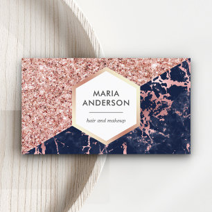 Rose Gold Glitter Navy Blue Marble Makeup Artist Business Card