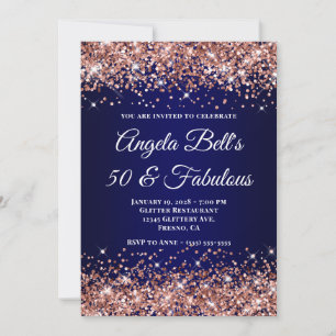 Rose Gold Glitter Navy Blue Ombre 50 & Fabulous Invitation
