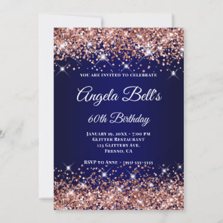 Rose Gold Glitter Navy Blue Ombre 60th Birthday Invitation