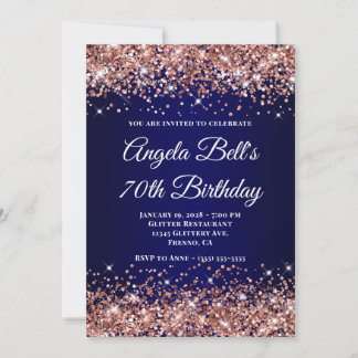 Rose Gold Glitter Navy Blue Ombre 70th Birthday Invitation