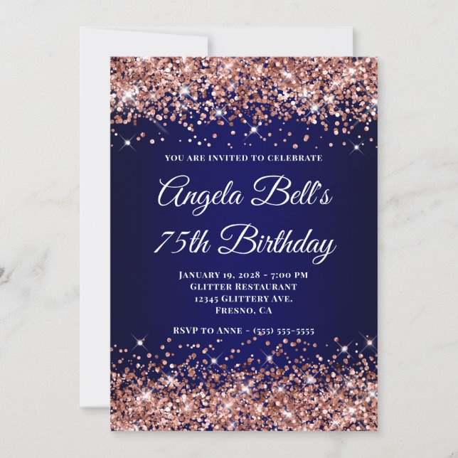Rose Gold Glitter Navy Blue Ombre 75th Birthday Invitation (Front)
