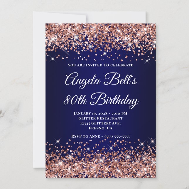 Rose Gold Glitter Navy Blue Ombre 80th Birthday Invitation (Front)