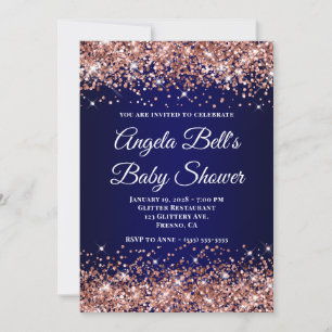 Rose Gold Glitter Navy Blue Ombre Baby Shower Invitation
