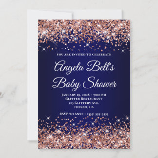 Rose Gold Glitter Navy Blue Ombre Baby Shower Invitation