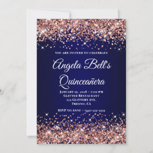 Rose Gold Glitter Navy Blue Ombre Quinceanera Invitation