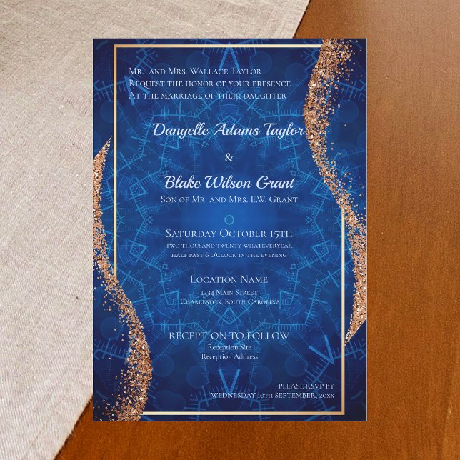 Rose Gold Glitter Navy Blue Pattern Wedding Invitation (Creator Uploaded)