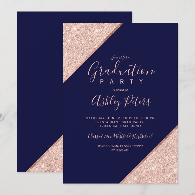 Rose gold glitter navy blue typography graduation invitation (Front/Back)
