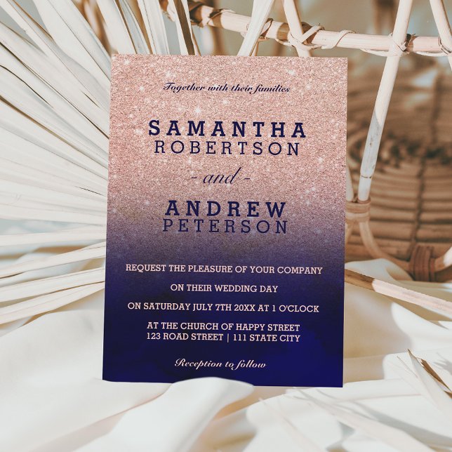 Rose gold glitter navy blue watercolor wedding invitation (Creator Uploaded)