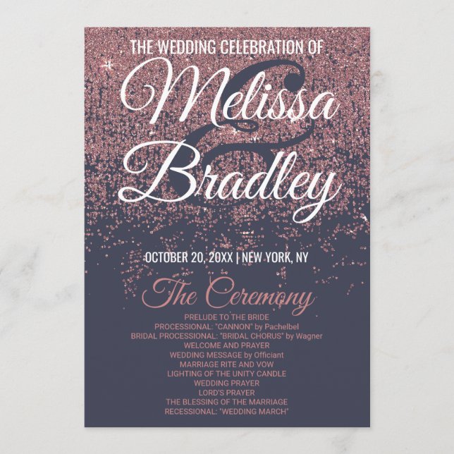 Rose Gold Glitter Navy Blue Wedding Programs Programme (Front)