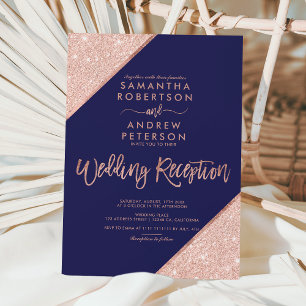 Rose gold glitter navy blue wedding reception invitation
