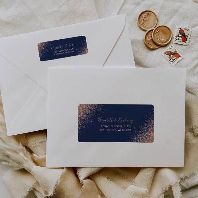 Rose Gold Glitter Navy Blue Wedding Return Address (Creator Uploaded)