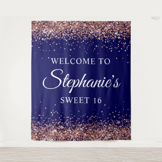 Rose Gold Glitter Navy Blue Welcome to Sweet 16 Tapestry (Front)