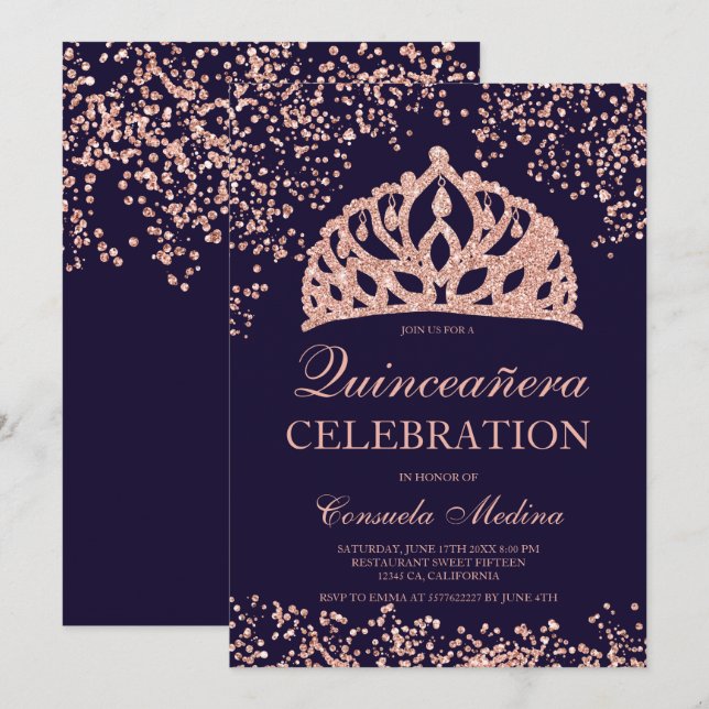 Rose gold glitter navy crown tiara Quinceañera Invitation (Front/Back)