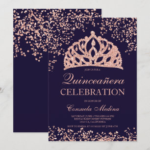 Rose gold glitter navy crown tiara Quinceañera Invitation