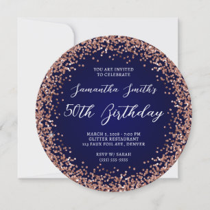Rose Gold Glitter Navy Ombre 50th Birthday Invitation