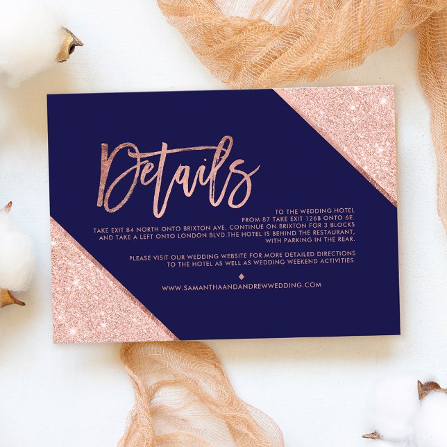 Rose gold glitter navy script wedding direction enclosure card (Creator Uploaded)