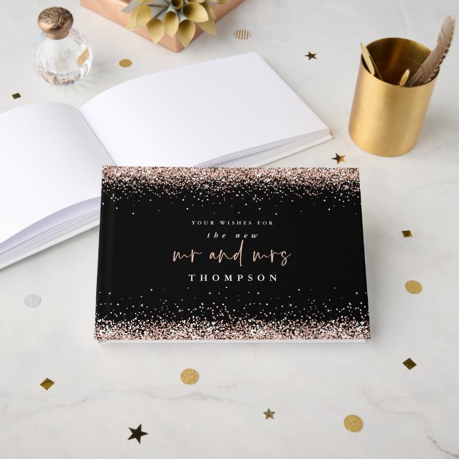 Rose Gold Glitter New Mrs Mrs Name Black Wedding Guest Book (Front Open)