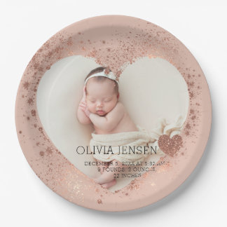 Rose Gold Glitter Newborn Photo Birth Stats Paper Plate