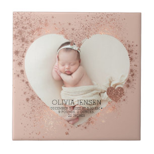 Rose Gold Glitter Newborn Photo Birth Stats Tile