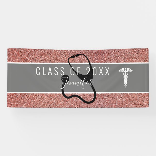 Rose Gold Glitter Nurse Graduation Caduceus Custom Banner (Horizontal)