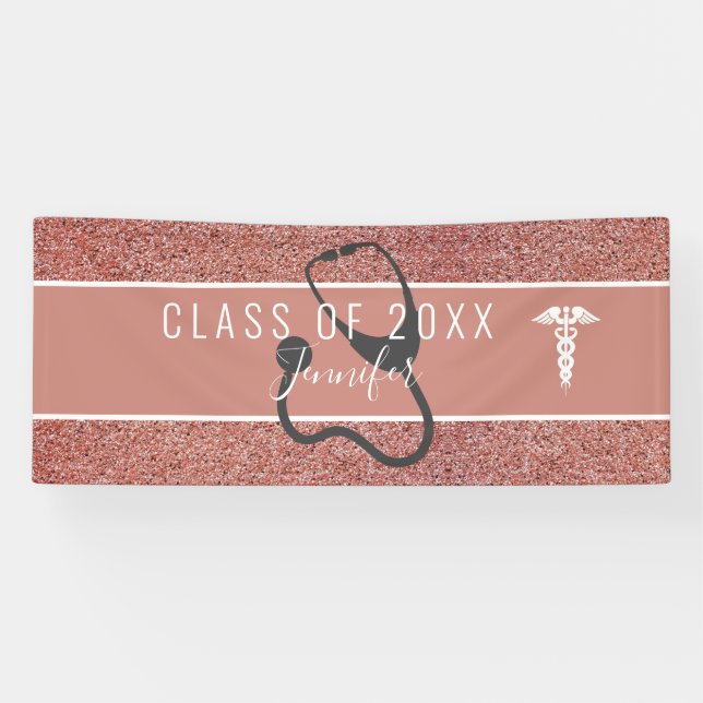 Rose Gold Glitter Nurse Graduation Stethoscope Banner (Horizontal)